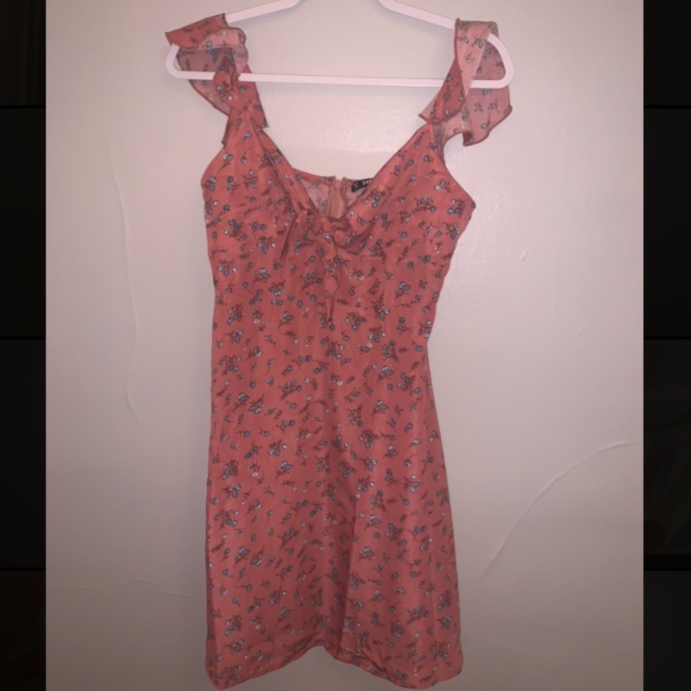 Pink and blue floral print mini dress